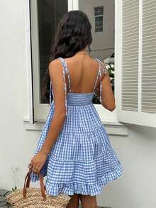 Vestido de mujer retro francés de cuadros rojos con tirantes finos, nuevo diseño de primavera temprana con encaje, versátil, dulce y elegante con capas - Azul - Ver 4
