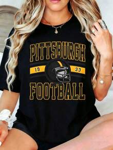 Camisetas unisex casuales de primera calidad, estilo deportivo informal, camiseta de mujer con diseño de casco de fútbol americano de Pittsburgh, ideal para el día del partido y el uso diario, regalo perfecto para los fanáticos del deporte y los seguidores de los Pittsburgh Steelers. - Negro - Ver 1
