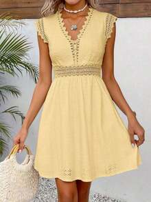Frenchy Vestido corto casual elegante de mujer de unicolor con contraste de encaje y mangas farol - Albaricoque - Ver 7