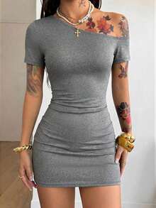 Vestido corto de manga corta asimétrico, de cuello básico, de uso diario, casual, elástico y minimalista estilo Y2K para mujer, apto para todas las estaciones - Gris - Ver 4