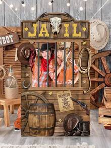 1pc Western Prison Theme Photo Backdrop Cloth, Cowboy Prison Gate Photo Prop, Large Fabric Photography Background For Western Birthday, Bachelorette, Crime Theme Party, Photo Booth Background - Multicolor - View 5