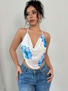Camiseta ajustada con cuello en V profundo y estampado floral de malla elegante y sexy para mujer, ideal para el verano y las vacaciones - Azul - Ver 5
