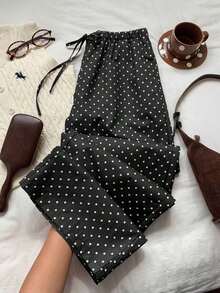 Pantalones casuales de mujer de lunares amarillos tejidos - Negro - Ver 4