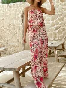 Vestido largo estampado leopardo primavera 2026, escote bandeja estilo sexy - Rosa - Ver 2