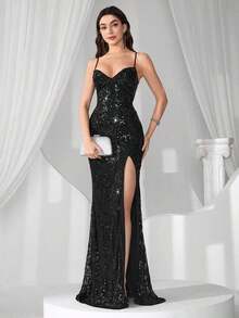 Vestido de noche con abertura alta en el muslo, con lentejuelas y diseño de patchwork, con espalda descubierta y silueta de sirena para mujer - Negro - Ver 3
