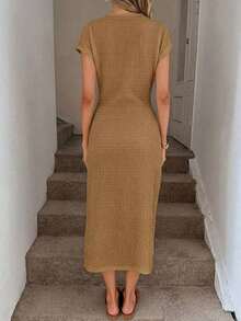 Vestido midi casual de mujer con estampado de lunares, cintura retorcida y abertura alta sin mangas; Vestido ajustado texturizado casual de mujer; Conjunto de fitness de mujer; Vestido de invitada de boda de mujer; Atuendo de oficina de mujer - Caqui - Ver 4