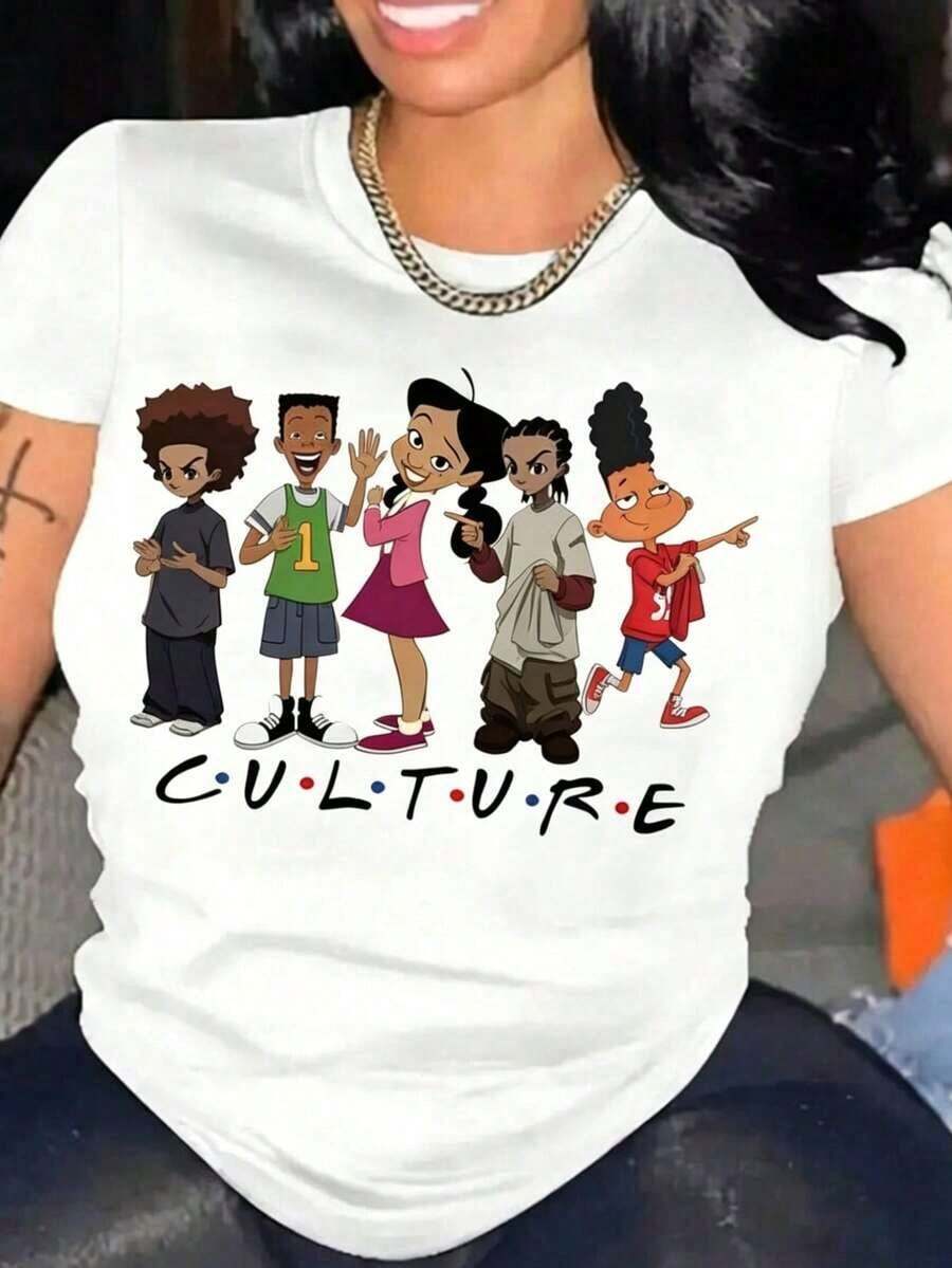 Camiseta Gráfica Casual de Gran Tamaño para Mujer con Diseño de Dibujos Animados - Manga Corta, Cuello Redondo, Lavable a Máquina, Top de Primavera/Verano, Camisetas para Damas Y2K, Adecuada - Blanco 2 - Ver 1