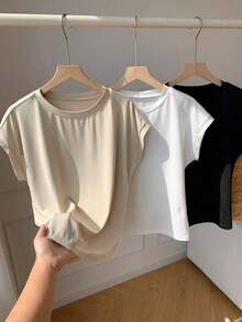 Set de 3 camisetas casuales de mujer de cuello redondo y unicolor, versátiles para uso diario - Multicolor - Ver 8