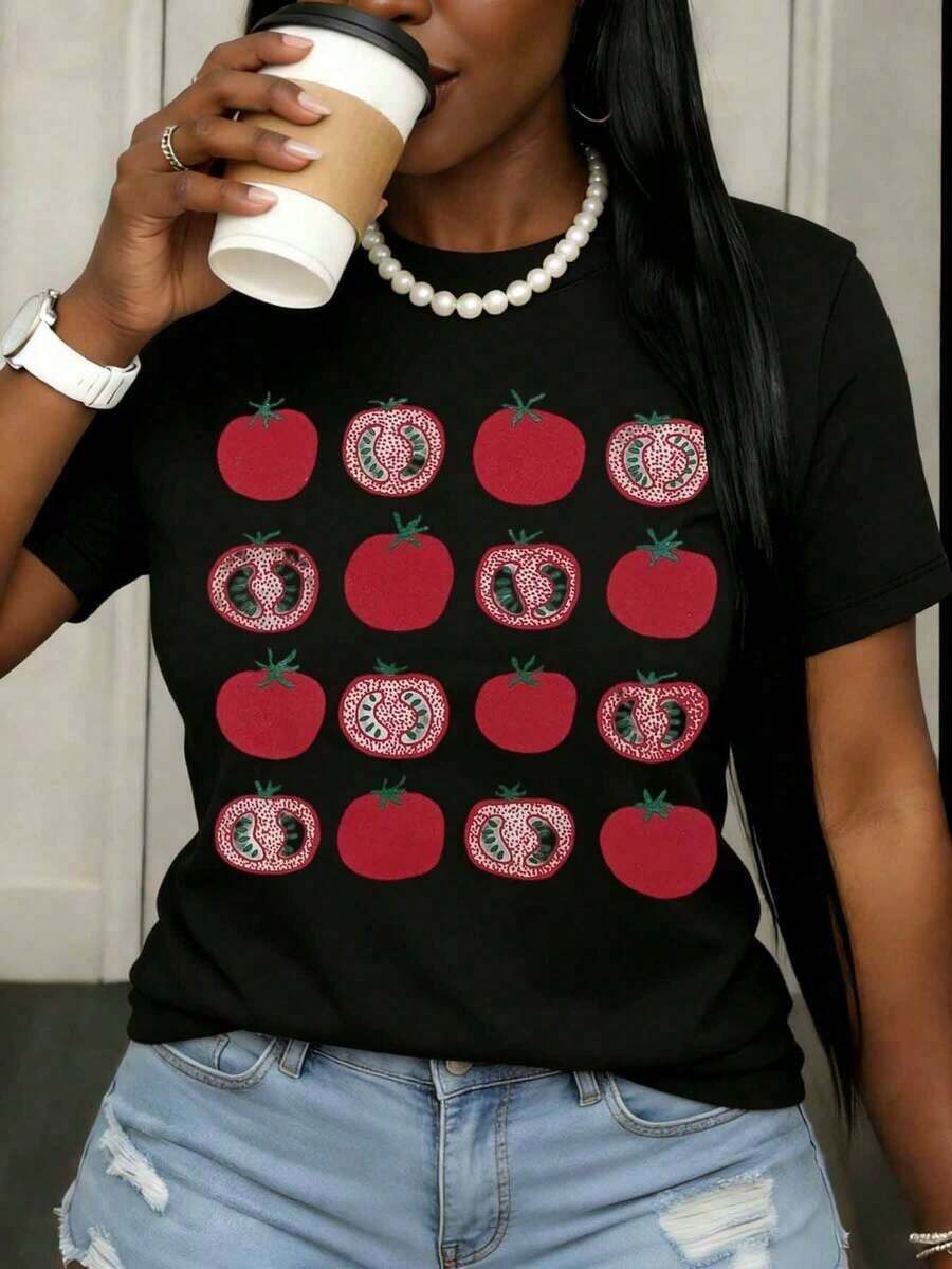 Camiseta de Verano Fresca con Estampado de Tomate, Camiseta Casual de Verano para Mujer, Camiseta Gráfica con Diseño de Fruta, Top de Manga Corta, Atuendo de Moda para Uso Diario - Negro - Ver 1