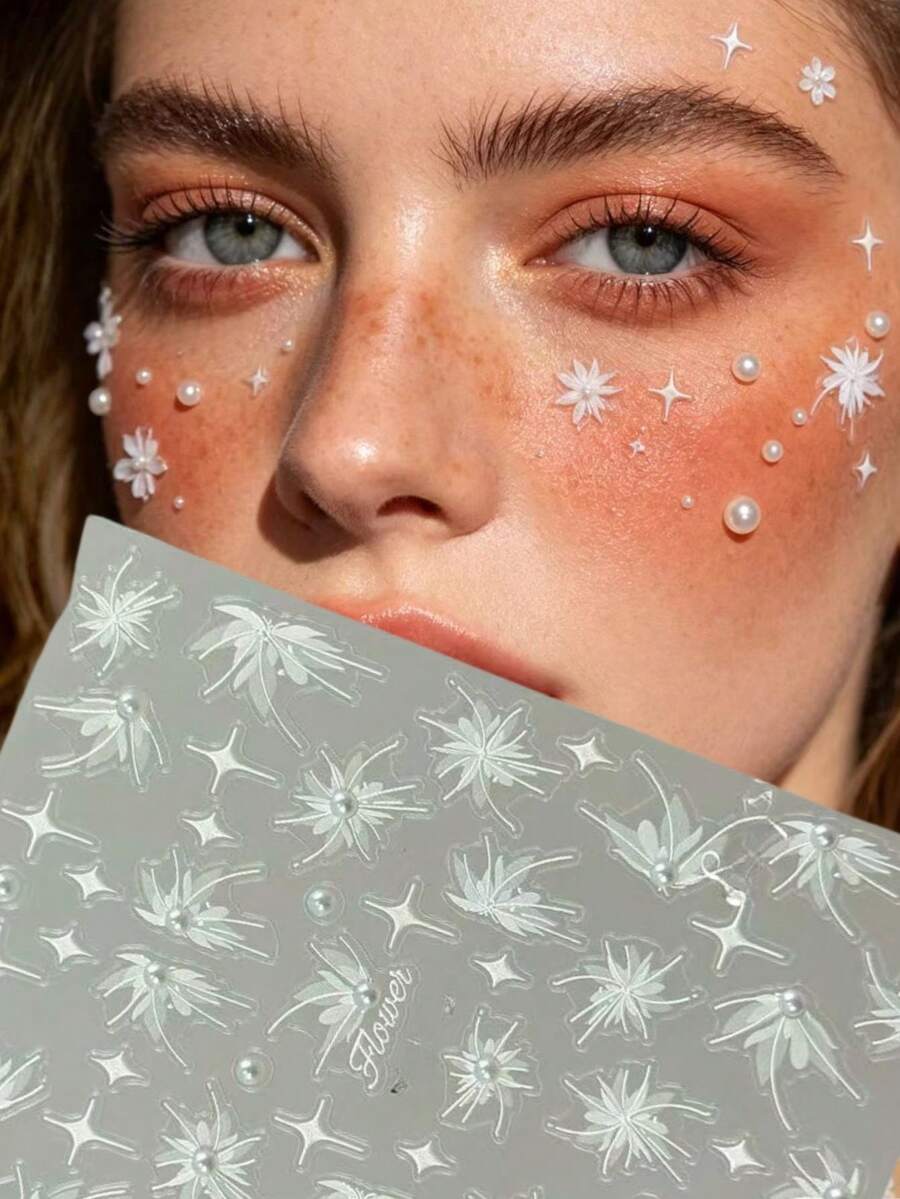 1pc Cool White Starry Face Sticker, Suitable For Ancient Chinese Costume, Nature-Inspired Makeup, Music Festival, Party, Cosplay Stage Makeup, Waterproof Adhesive Decorative Sticker With Pearl Accents - Multicolor - View 1