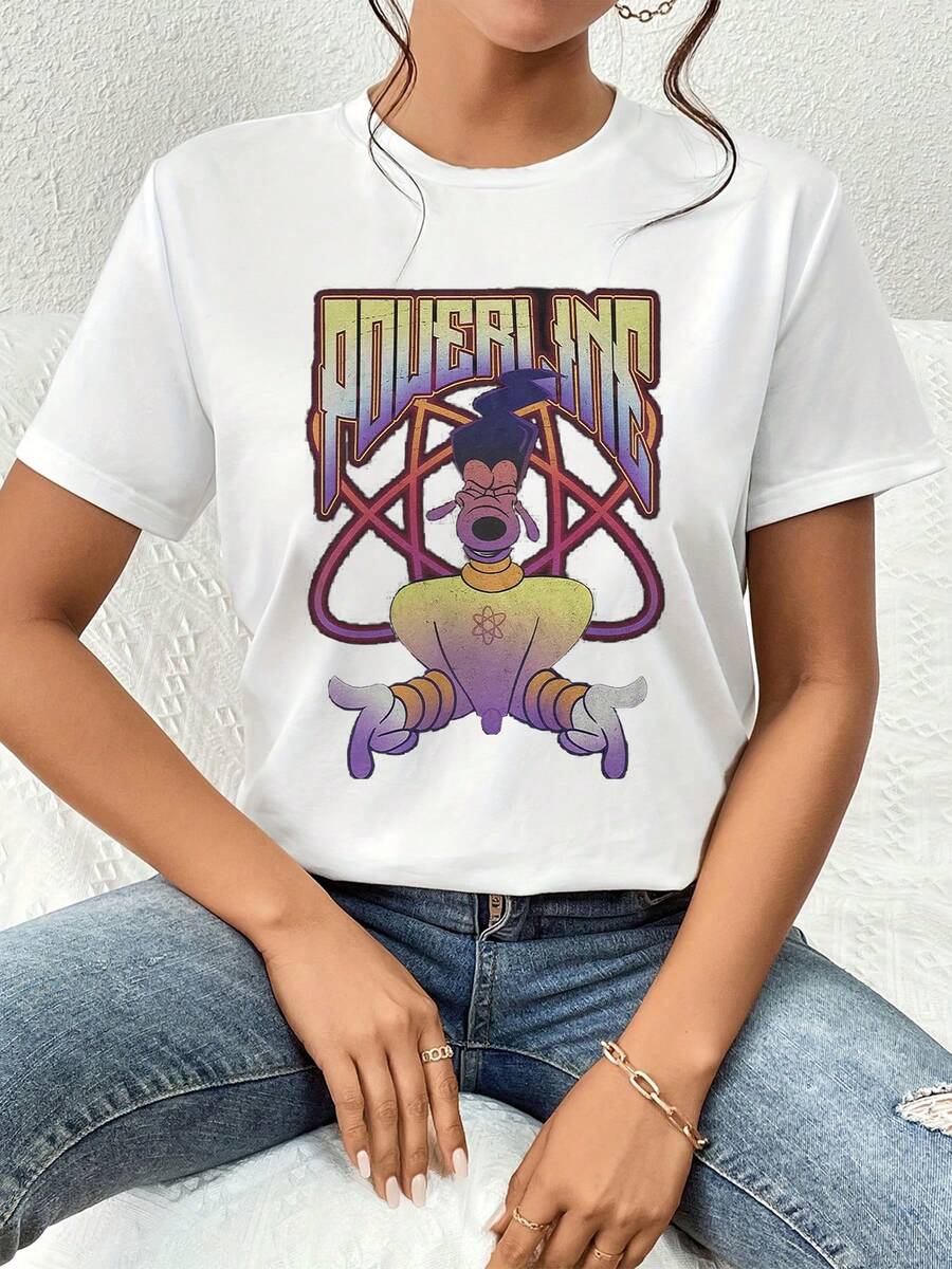 Gráfico colorido con figura animada proyectando energía positiva y confianza futurista en tonos morado y amarillo camiseta de mujer cómoda y moderna para uso diario y casual - Blanco - Ver 1