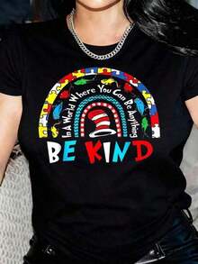 Versatile, Suitable For Streetwear, Everyday Outings, And Camping. Women's T-Shirt With A Fun And Colorful Design Featuring A Rainbow Cat Wearing A Hat And The Phrase "Be Kind." Its Inspirational Message And Playful Design Make It Perfect For Everyday Wear. (, Red Hat, Etc.) Perfect For Holiday Parties, Casual Outings, And Everyday Streetwear. Summer Wear. - 黑色 - 查看 10