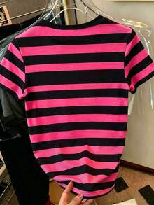 Camiseta casual de mujer de cuello redondo y manga corta con estampado de rayas de contraste - Multicolor - Ver 2