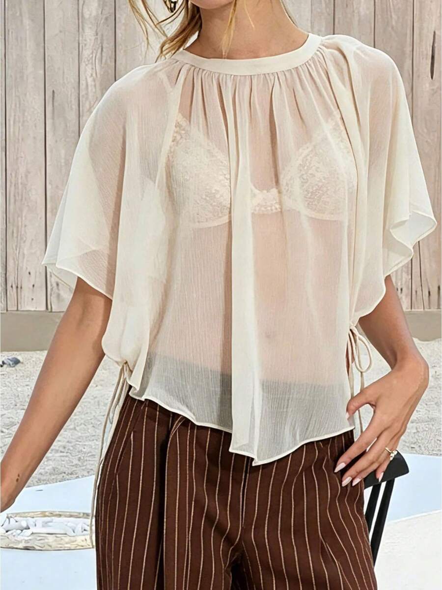 Womens Mesh Poncho Tops Mock Neck Loose Fit Solid Color See Through Flowy Summer Cover Up Shawl Wrap Blouse - White - View 1