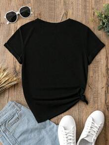 Women's Short-Sleeved T-Shirt, Casual Loose Fit, With Lotus Floral Print And Round Neck, Suitable For Summer, Casual And Leisure. - 黑色 - 查看 3