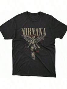 Summer Graphic Cotton T-Shirt Nirva Utero Angel T-Shirt,Grunge Rock Band Merch,90s Alternative Music Graphic Tee,Vintage Distressed Album Art Apparel - 黑色 - 查看 11
