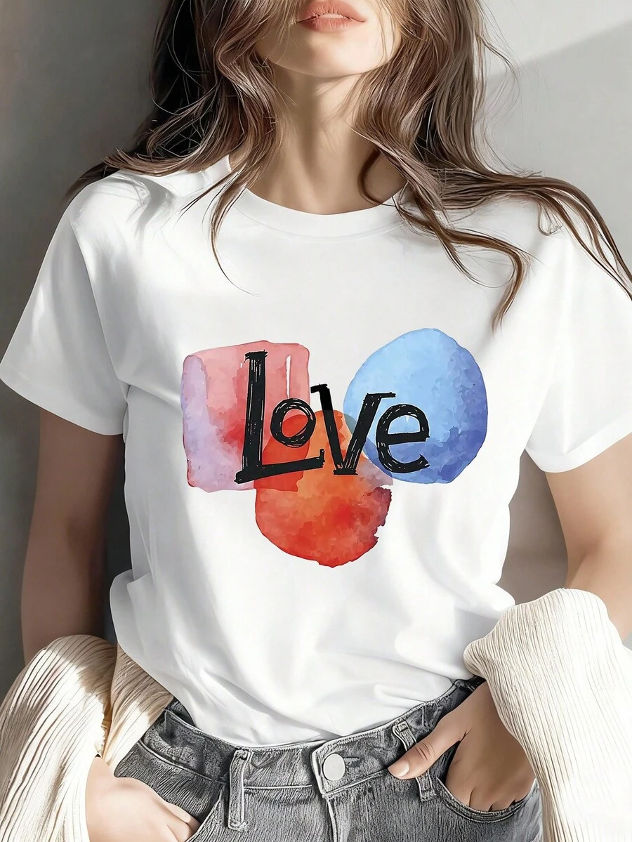 Camiseta de Mujer ModaModa con Estampado de Carta de Amor - Blusa Casual de Manga Corta y Cuello Redondo con Letras Sutiles, Lavable a Máquina, Adecuada para Verano, Primavera y Uso Durante Todo el Año, Prenda Básica Minimalista Esencial para el Guardarropa Diario. - Blanco - Ver 1