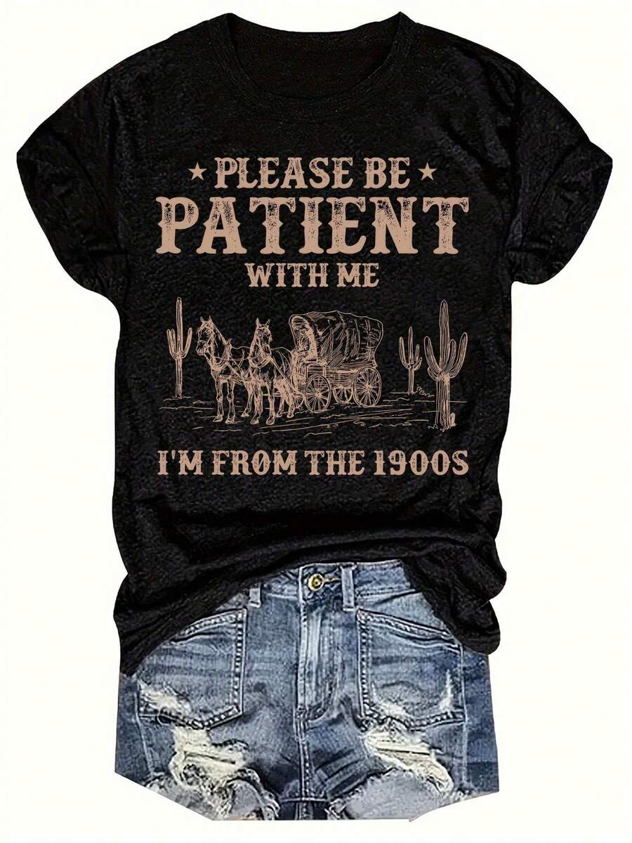 Retro 'Please Be Patient With Me I'M From The 190S' Graphic Tee - Casual Round Neck Short-Sleeve T-Shirt, Lightweight, Perfect For Spring And Summer - 黑色 - 查看 1