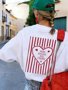 1 camiseta de verano para mujer, de corte holgado, cuello redondo, manga corta, con estampado de corazones a rayas "MORE AMORE PER FAVORE", adecuada para vacaciones, oficina, salidas, uso diario, citas, fiestas, reuniones, uso en la calle y otras ocasiones informales, color blanco. - Blanco - Ver 1