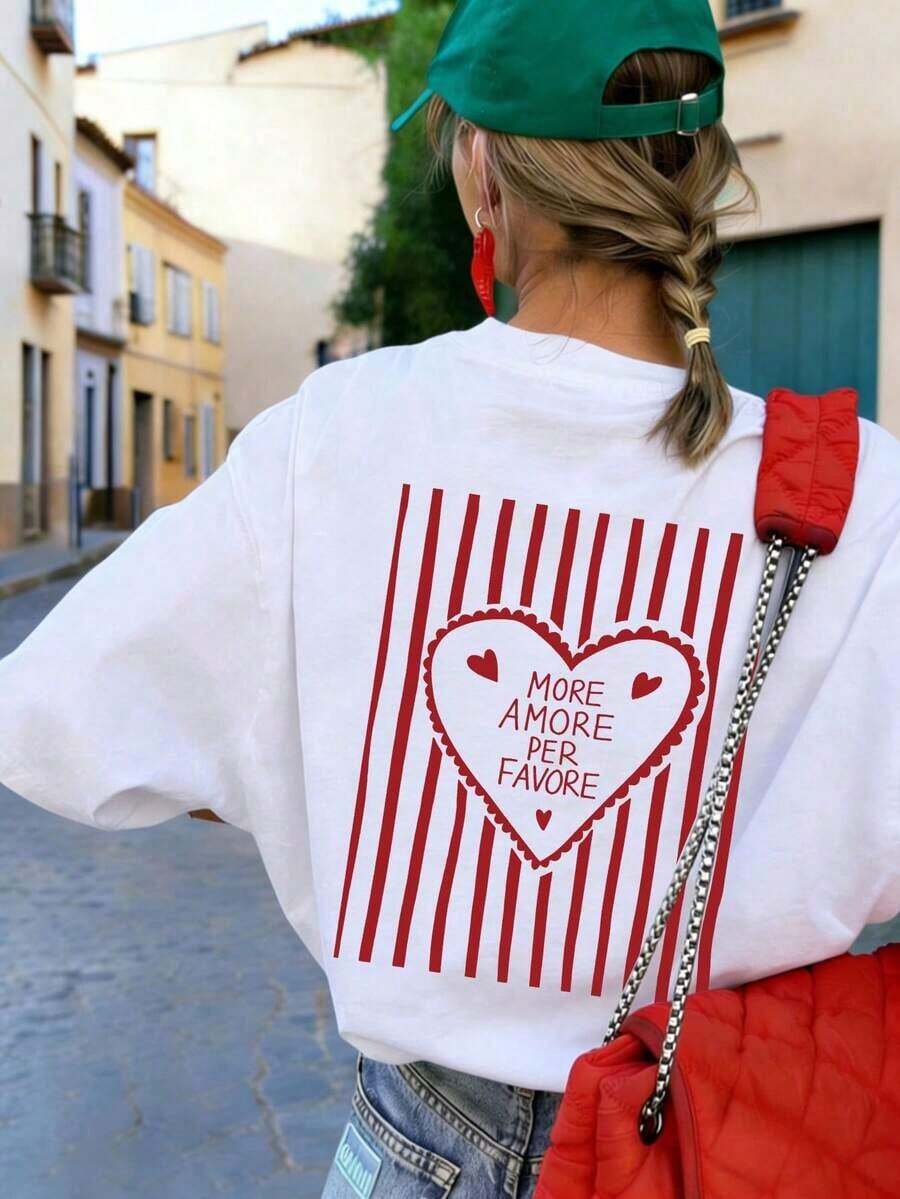 1 camiseta de verano para mujer, de corte holgado, cuello redondo, manga corta, con estampado de corazones a rayas "MORE AMORE PER FAVORE", adecuada para vacaciones, oficina, salidas, uso diario, citas, fiestas, reuniones, uso en la calle y otras ocasiones informales, color blanco. - Blanco - Ver 1