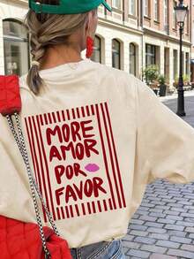 Camiseta de manga corta para mujer, holgada, de cuello redondo, con estampado de rayas "MORE AMOR POR FAVOR", adecuada para fiestas, vacaciones, oficina, uso diario, citas, reuniones, ropa de calle, una camiseta blanca casual imprescindible para el verano, 100% algodón. - Albaricoque - Ver 5
