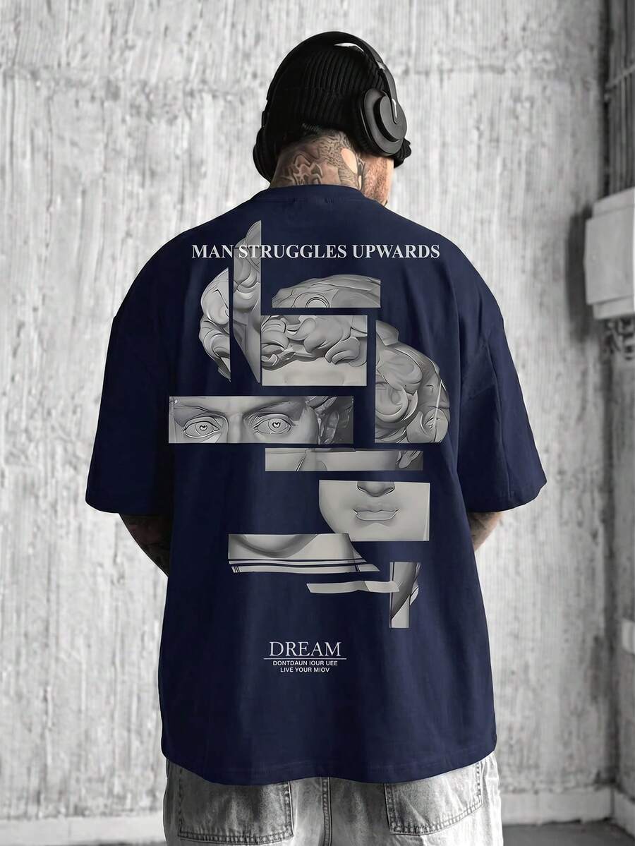 ONE WAVE Men's Casual Versatile Sculptural Element Print Short Sleeve T-Shirt - Navy Blue - View 1