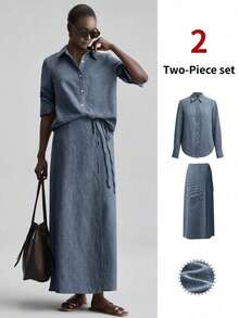 Ontre 2026SS New Summer Women's 2-Piece Set, Woven Fabric, Comfortable Woven Material, Button Design Shirt And Side Tie Waist Skirt, Women's Shirt, Women's Skirt, Independence Day, Urban Chic, Minimalist Fashion Commuter, Wedding Guest Attire, Holiday Outfit, Women's Office Wear, Minimalist Elegant, Teacher's Outfit, Tea Party Casual, Loose Daily Women's Bestseller Solid Color, Back To School Light Vacation Style, Everyday Wear, Fashionable Versatile Women's 2-Piece Set - 藍色 - 查看 8