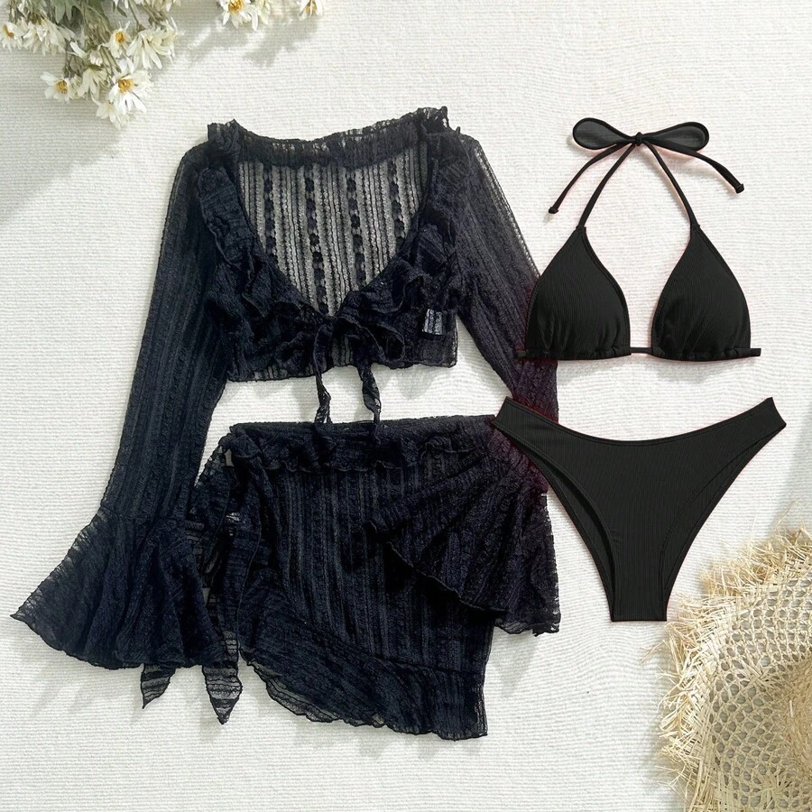 New Sexy Four-Piece Lace And Mesh Bikini. - Black - View 1