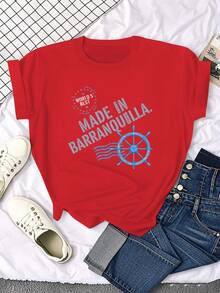 Women's Casual T-Shirt, Ocean Cultural Heritage Theme, Made In Barranquilla, Short Sleeve T-Shirt. - 紅色 - 查看 7