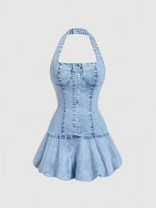 Vestido vaquero de mujer de moda casual con cuello halter y abotonadura sencilla - Azul - Ver 5