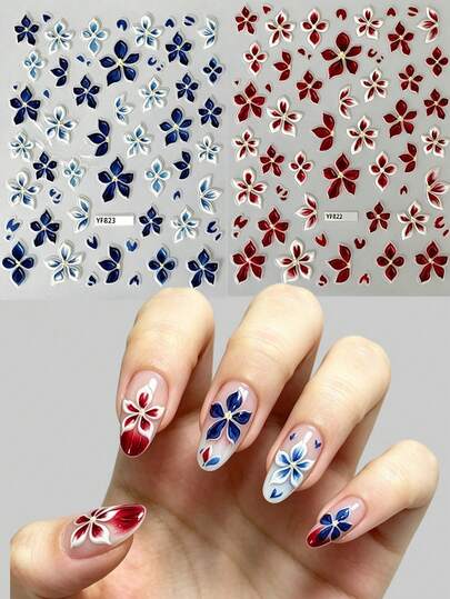 สติกเกอร์ติดเล็บ 3 มิติ, ดีไซน์ตกแต่ง DIY, กลีบดอกไม้สีแดงและน้ำเงินไล่ระดับ 5 กลีบสวยงาม, สติกเกอร์ติดเล็บแบบมีกาวในตัวสำหรับร้านทำเล็บ
