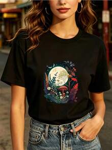 Fashionable Everyday T-Shirt - Women's Soft 180g Graphic Tee, Perfect For Family Trips, Corporate Events, And Holiday Gifts. Ideal For Spring Break And Earth Day Celebrations. - 黑色 - 查看 1