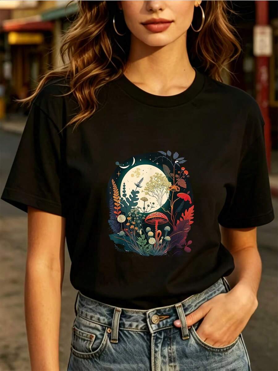 Fashionable Everyday T-Shirt - Women's Soft 180g Graphic Tee, Perfect For Family Trips, Corporate Events, And Holiday Gifts. Ideal For Spring Break And Earth Day Celebrations. - 黑色 - 查看 1