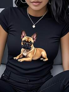 Women's T-Shirt Made Of Pure Cotton, Casual Loose Style, With French Bulldog Print, Short Sleeves And Round Neck, With A Cute Cartoon Dog Design, Casual And Versatile, Essential For Summer, Comfortable And Breathable, Fashionable And , Personalized Street Style, Suitable For Girlfriends And Couples, Gift For Animal Lovers, Holiday Gift, Birthday Gift, Anniversary Gift, For Leisure Time, Outdoor Activities, Daily Wear, Essential For Travel. - 黑色 - 查看 1