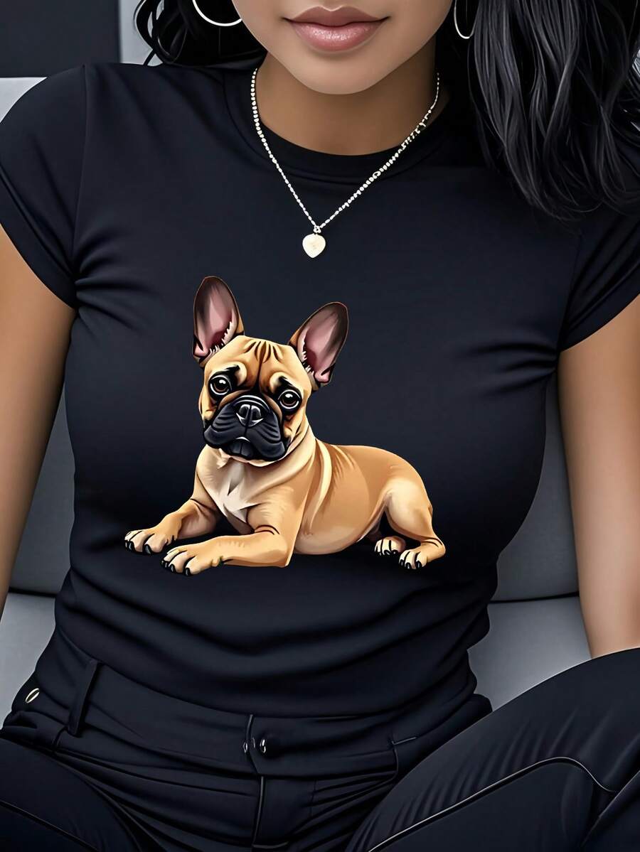 Women's T-Shirt Made Of Pure Cotton, Casual Loose Style, With French Bulldog Print, Short Sleeves And Round Neck, With A Cute Cartoon Dog Design, Casual And Versatile, Essential For Summer, Comfortable And Breathable, Fashionable And , Personalized Street Style, Suitable For Girlfriends And Couples, Gift For Animal Lovers, Holiday Gift, Birthday Gift, Anniversary Gift, For Leisure Time, Outdoor Activities, Daily Wear, Essential For Travel. - 黑色 - 查看 1