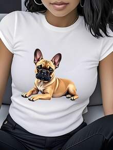 Women's T-Shirt Made Of Pure Cotton, Casual Loose Style, With French Bulldog Print, Short Sleeves And Round Neck, With A Cute Cartoon Dog Design, Casual And Versatile, Essential For Summer, Comfortable And Breathable, Fashionable And , Personalized Street Style, Suitable For Girlfriends And Couples, Gift For Animal Lovers, Holiday Gift, Birthday Gift, Anniversary Gift, For Leisure Time, Outdoor Activities, Daily Wear, Essential For Travel. - 白色 - 查看 1