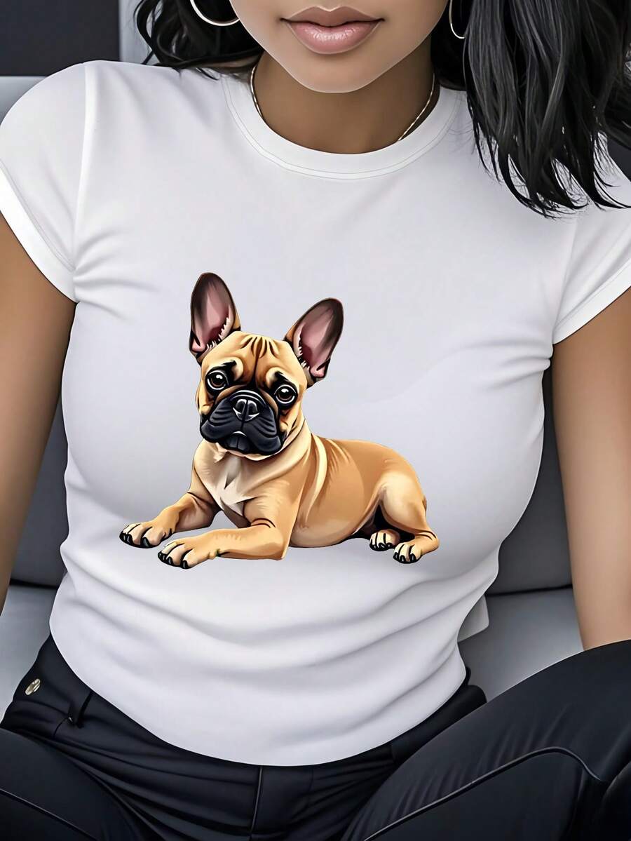 Women's T-Shirt Made Of Pure Cotton, Casual Loose Style, With French Bulldog Print, Short Sleeves And Round Neck, With A Cute Cartoon Dog Design, Casual And Versatile, Essential For Summer, Comfortable And Breathable, Fashionable And , Personalized Street Style, Suitable For Girlfriends And Couples, Gift For Animal Lovers, Holiday Gift, Birthday Gift, Anniversary Gift, For Leisure Time, Outdoor Activities, Daily Wear, Essential For Travel. - 白色 - 查看 1