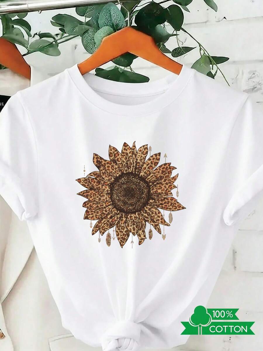Camiseta de cuello redondo para mujer con estampado de anime y letras de edición limitada, diseño sencillo, cómoda y transpirable, adecuada para uso casual diario, que muestra un estilo natural y elegante, imprescindible para fiestas de verano, envío local, estampado de girasol y leopardo, algodón ligero. - Blanco - Ver 1