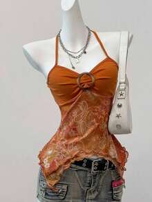 Blusa casual de mujer con cuello de corbata y estampado de anacardo, versátil para uso diario - Naranja - Ver 6