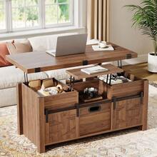 40 Farmhouse Lift Top Coffee Table With Sliding Barn Door,4 In 1 MultiFunction Coffee Tables With Storage Drawers Amp Hidden Co - Walnut- - View 2