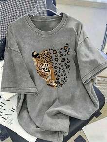 2026 Nueva Moda en Ropa Vintage de Verano, Nueva Camiseta Vintage con Estampado de Cara de Leopardo, Cuello Redondo Casual, Manga Corta Tie-Dye, Hermosa Blusa Versátil Personalizada para Mujer, Tops Holgados y Cómodos para Mujer, Moda Coreana para Mujer - Gris - Ver 6