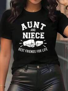 New Arrivals For Summer. Women's T-Shirt With A Graphic Print Of "Aunt And Niece Best Friends For Life", Round Neck, Casual Everyday Wear, Soft And Comfortable, Perfect For Vacations. - 黑色 - 查看 1