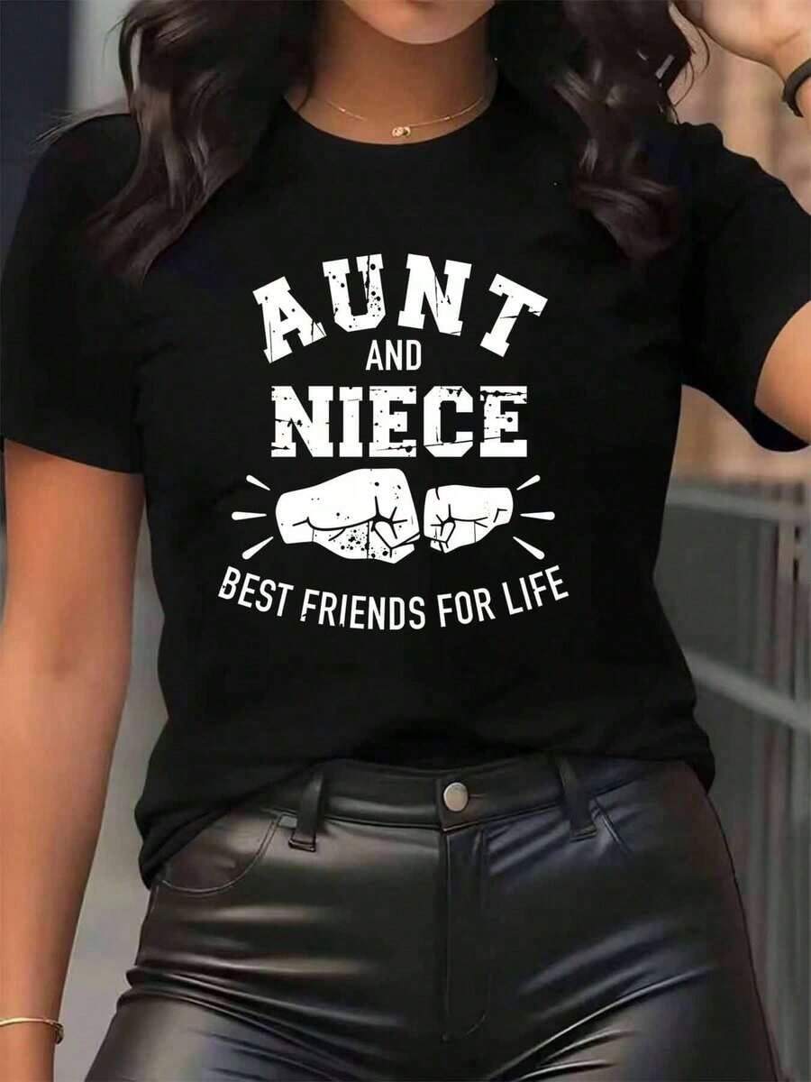 New Arrivals For Summer. Women's T-Shirt With A Graphic Print Of "Aunt And Niece Best Friends For Life", Round Neck, Casual Everyday Wear, Soft And Comfortable, Perfect For Vacations. - 黑色 - 查看 1