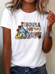 Plus Size Women's T-Shirt, Short Sleeve Spring Summer T-Shirt, Tequila Bottle, Rose, Skull, Guitar, Mexican Fiesta, Colorful Fun And Casual Fashion T-Shirts For Women - 白色 - 查看 7