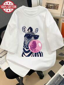 Women's Spring And Summer Clothing With A Modern And Stylish Zebra Print, Glasses, Bubble Gum Patterns, Loose Fit Short Sleeve Crew Neck T-Shirt, Made Of Pure - 白色 - 查看 1