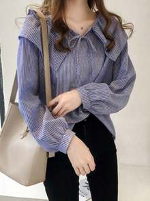 Camisa de mujer con estampado de rayas, diseño holgado y casual, con mangas largas. - Azul - Ver 3