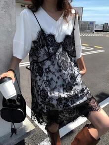 Vestido de mujer con parches de encaje sin mangas 2 en 1 con mangas cortas, vestidos de verano para mujeres - Blanco 3 - Ver 4