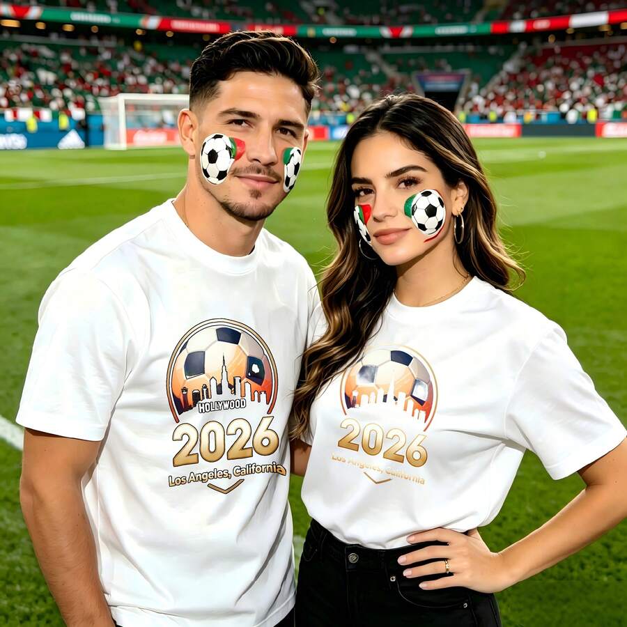 Couple football pattern T-shirt, 100% cotton, loose fitting, soft and breathable, casual round neck short sleeved top 2026 Los Angeles California Printed patterns, dating, leisure travel, gatherings, simple cartoon printing style, high cost-effectiveness Suitable for watching live sports - Blanco - Ver 1