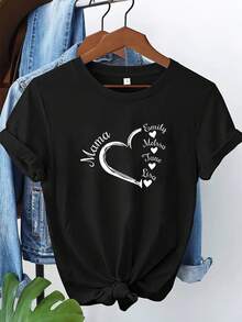 Camiseta con nombre personalizado en forma de corazón, camiseta con nombre personalizado, regalo personalizado para la madre, camiseta con nombre impreso personalizado, regalo del Día de la Madre, regalo para la abuela, camiseta del Día de San Valentín, camiseta de corazón - Negro - Ver 1