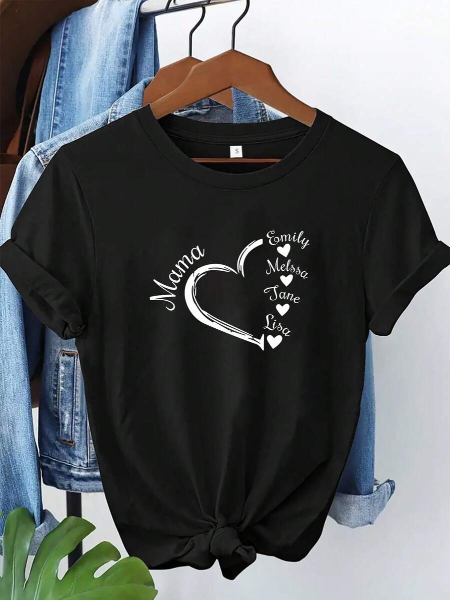 Camiseta con nombre personalizado en forma de corazón, camiseta con nombre personalizado, regalo personalizado para la madre, camiseta con nombre impreso personalizado, regalo del Día de la Madre, regalo para la abuela, camiseta del Día de San Valentín, camiseta de corazón - Negro - Ver 1